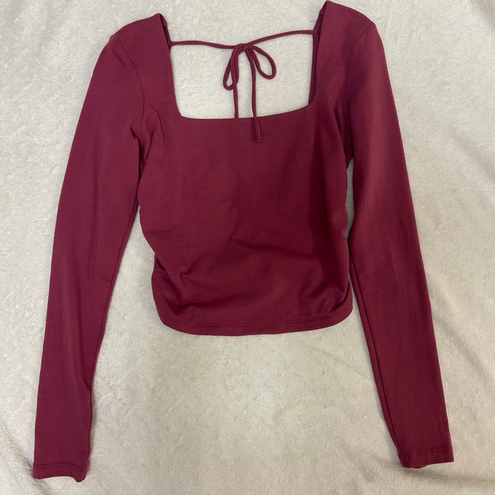Pink Square-Neck Low Back Long Sleeve Top